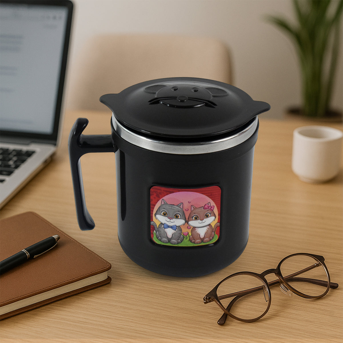 1 Pc Apex Cat Mug – 250 ml Stainless Steel Insulated Inner with Cute Cat Print and Plastic Outer Body with  Leak-Proof Lid