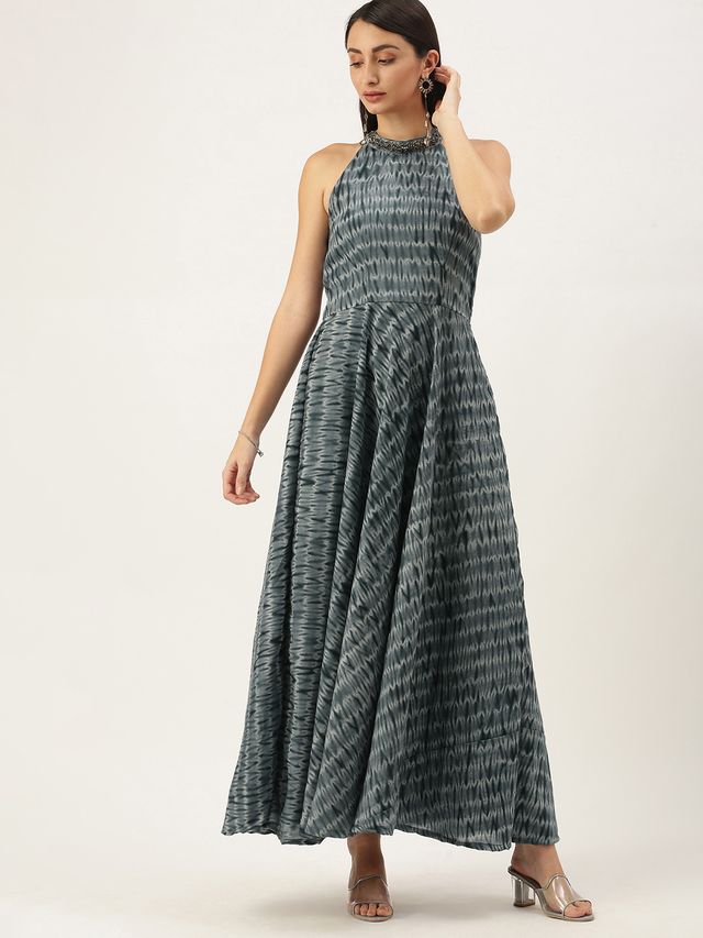 Bollywood Vogue Ready To Wear Grey N Black Muslin Halter Neck Gown