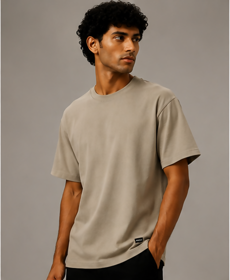HUSTLE Men's Crew Neck Relaxed Fit T-Shirt – Dusky Cream(relax fit)