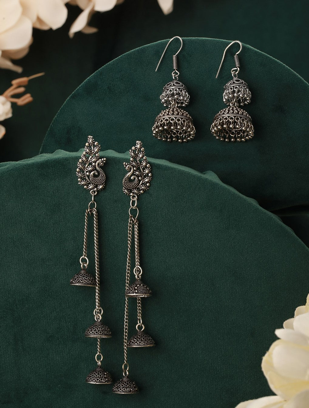 Set Of 2 Silver Plated Peacock Shaped Jhumka Earrings