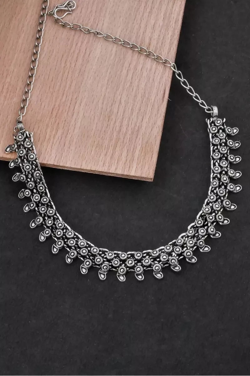 Oxidised Silver Floral Design Necklace for Women - Silver,18 Inch SUPER
