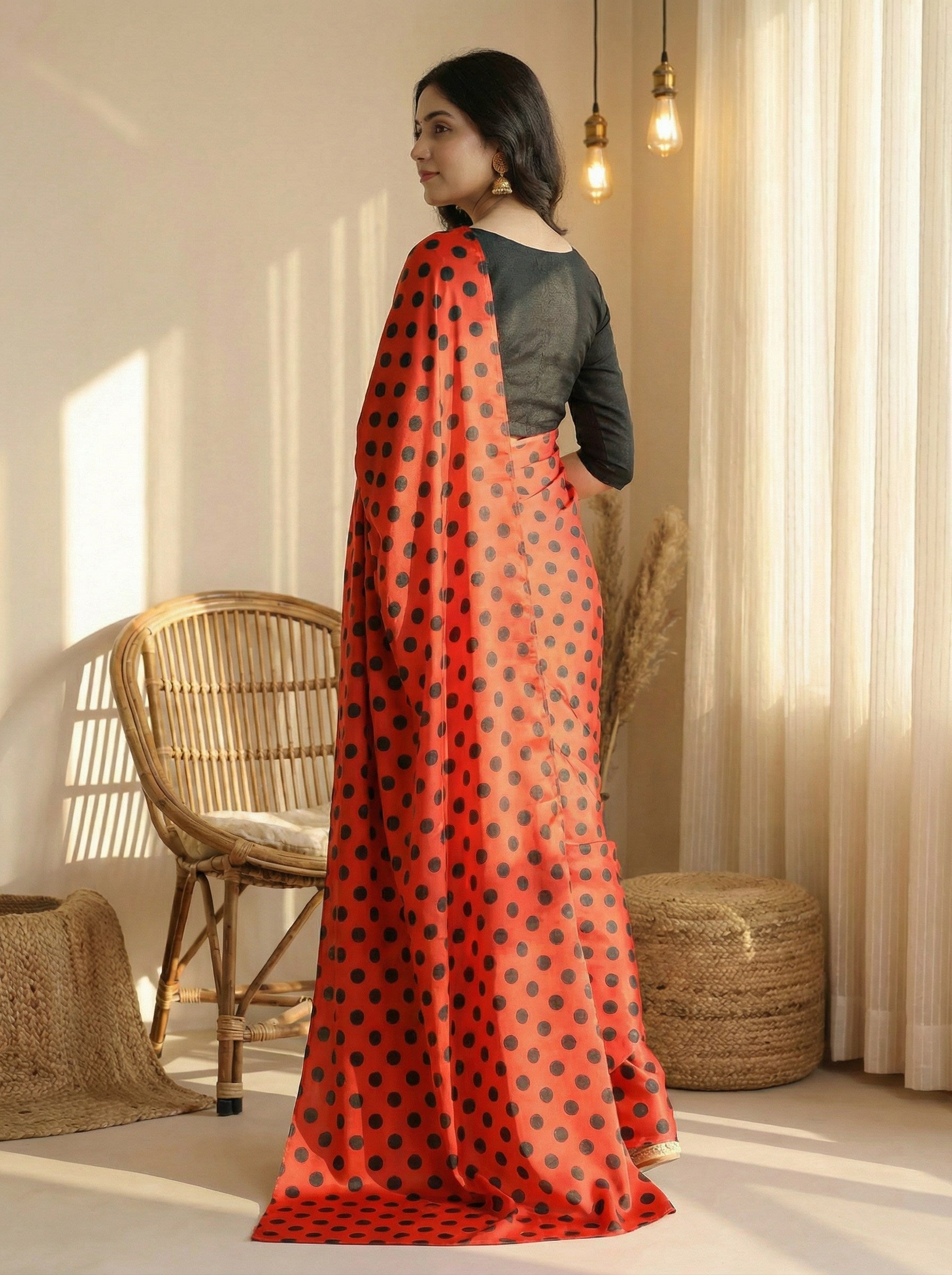 Pure Satin Sarees in Polka Dot prints With Plain Blouse