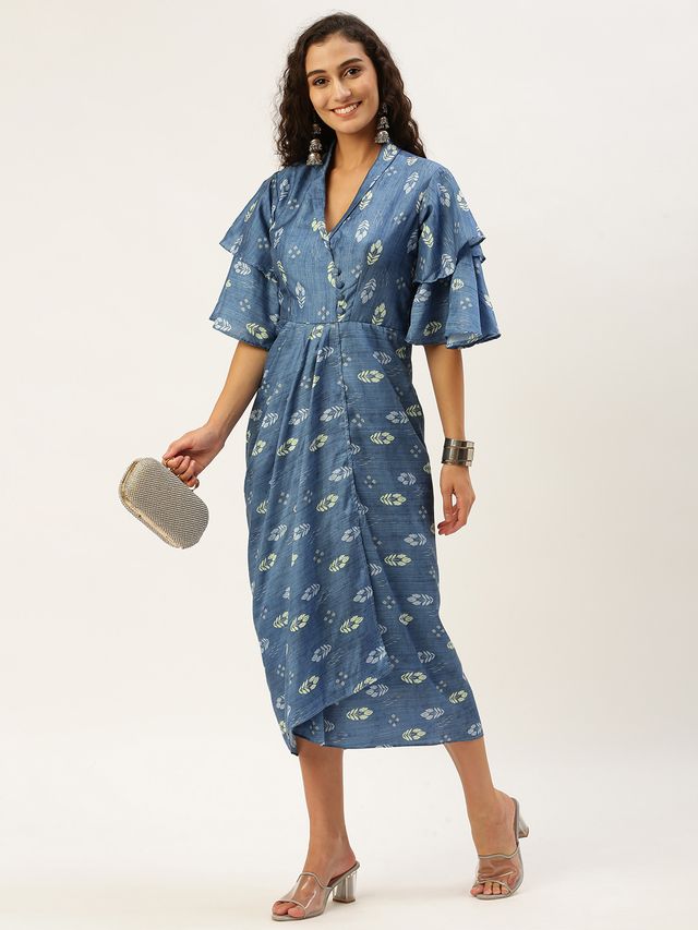 Bollywood Vogue Ready To Wear Blue Digital Printed Art Silk Pleated Dress