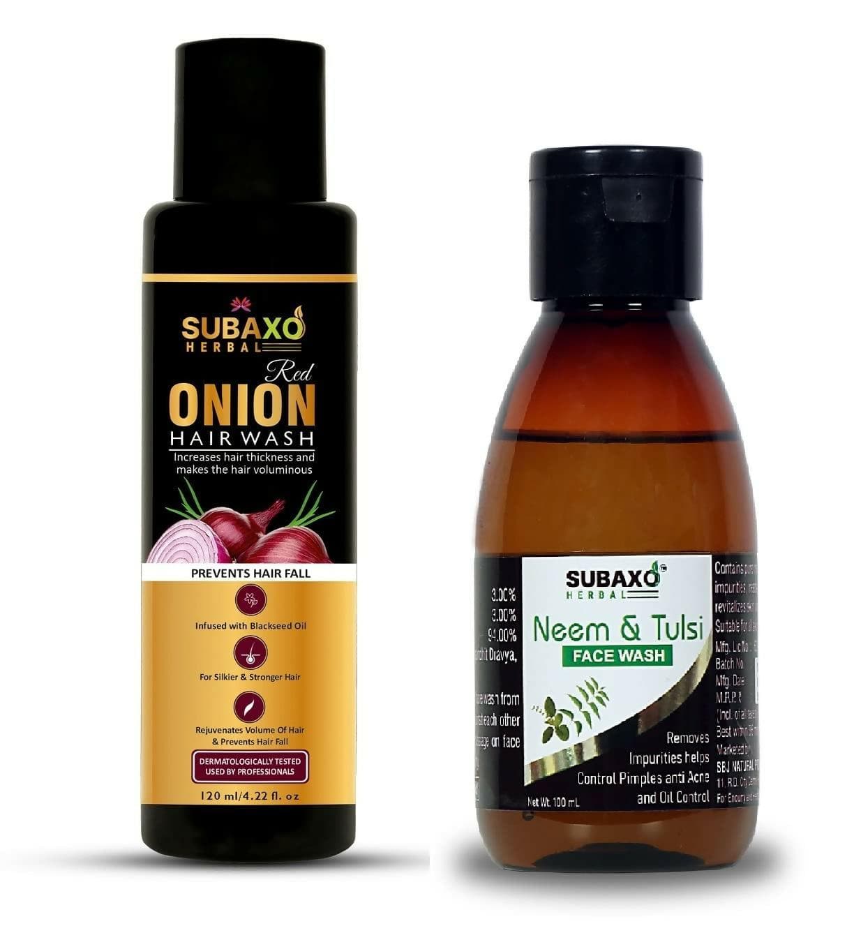 SUBAXO Red Onion Herbal Hair Wash (200ml) and Neem & Tulsi Herbal Face Wash (100ml)Combo - HalfPe