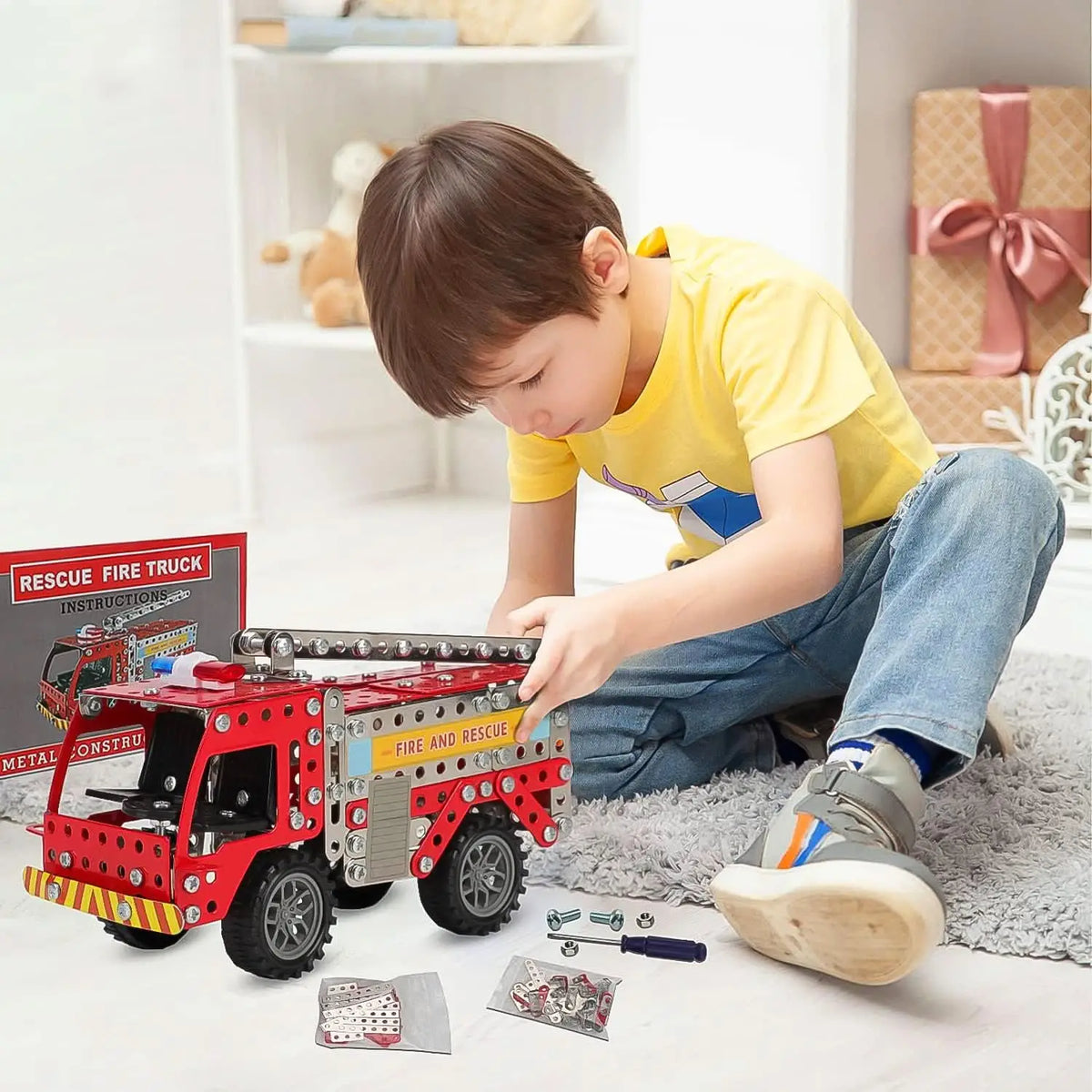 DIY Metal Fire Truck Building Blocks Set for Kids – 292 Pcs with Tools HP DD