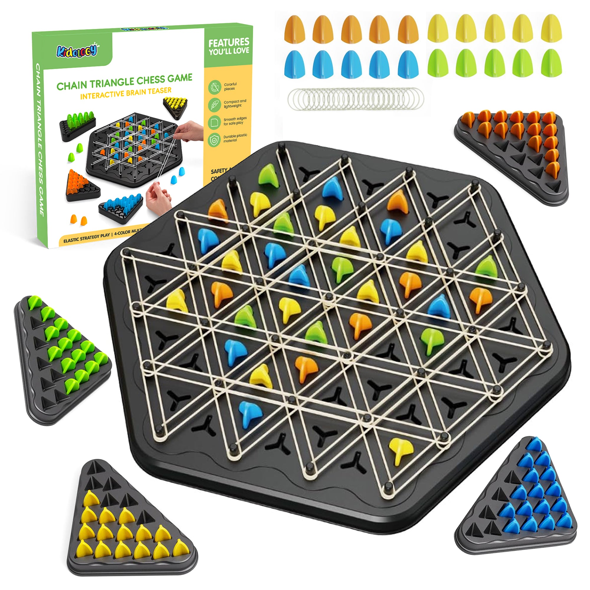 Kidology Chain Triangle Chess Game Triggle Rubber Band Game for Kids & Adults, Fun Family Board Game, Brain Teaser Puzzle, Interactive Chess Set for 2-4 Players, Multicolour