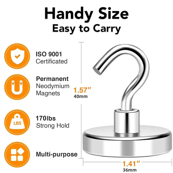 Heavy Duty Stainless Steel Magnetic Hook – Strong Neodymium Hanging Hook Pack of 4