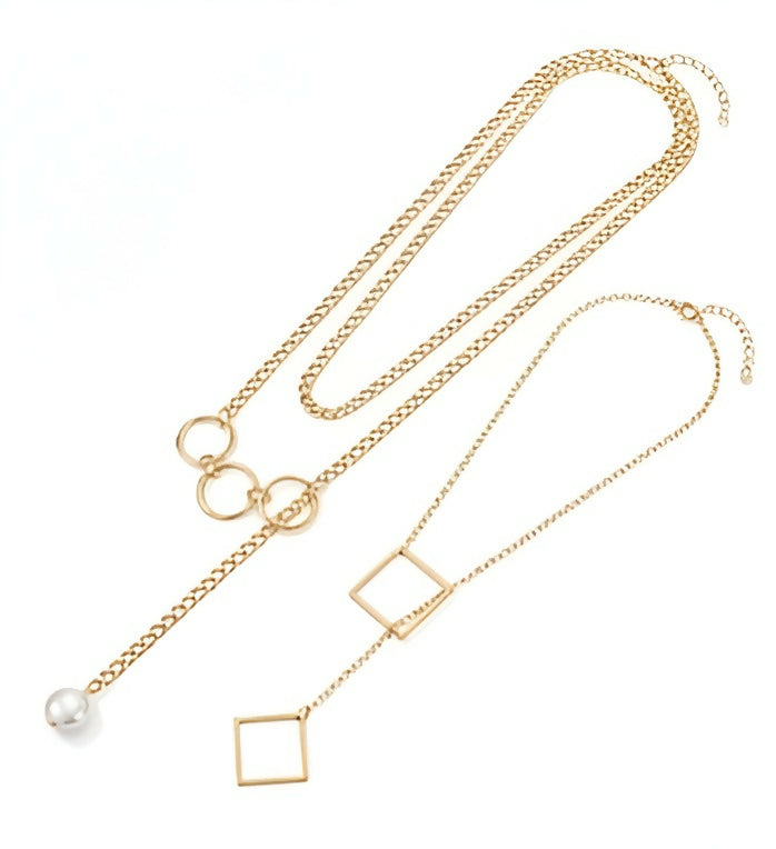 Elegant Gold-Tone Layered Necklace Set of 2 with Geometric Charms & Pearl Drop Pendant pinapes