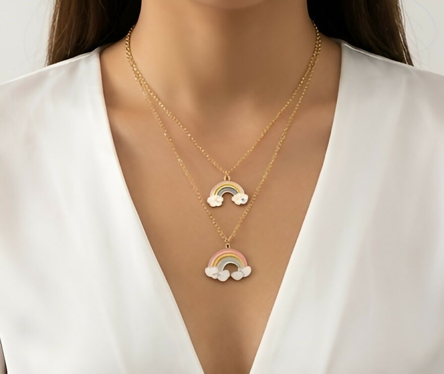 Set of 2 Rainbow Cloud Pendant Necklaces – Gold-Plated Cute Charm Jewelry