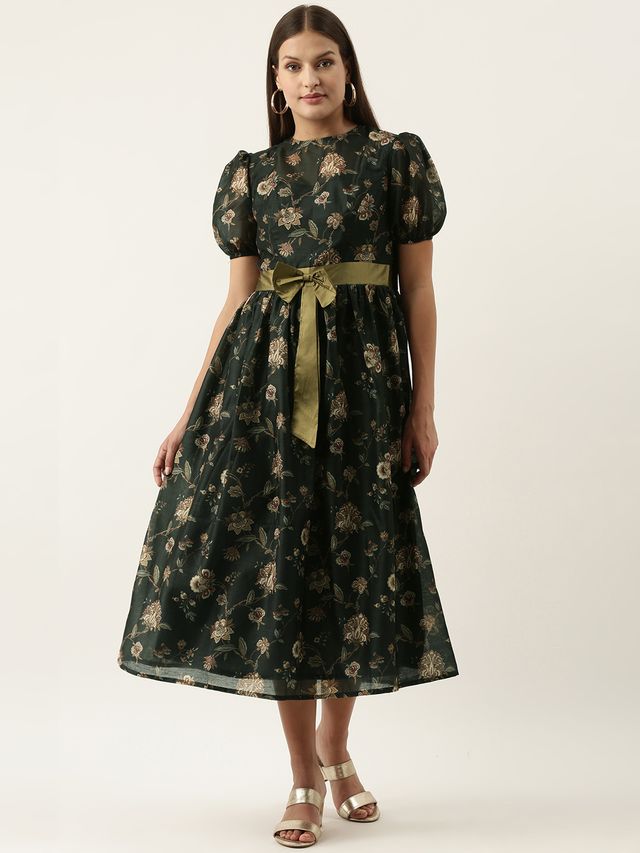 Bollywood Vogue Ready To Wear Green Chanderi Silk Puff Sleeve Dress