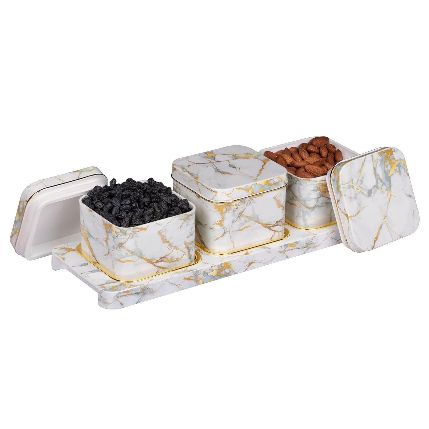 SELVEL Dry Fruit Container Tray Set with Lid 3 Pieces (Italian White) - HalfPe