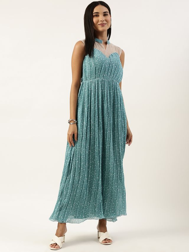Bollywood Vogue Ready To Wear Blue N White Printed Pleated Georgette Gown