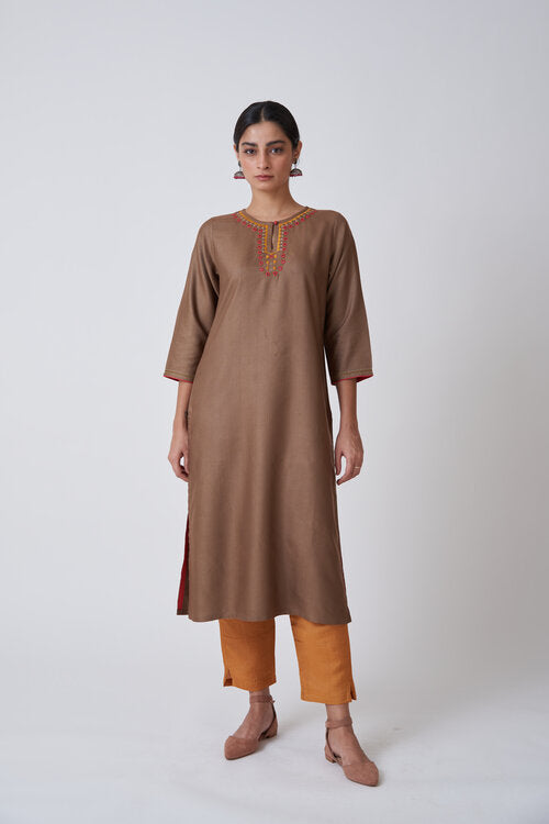 Olive Brown Potli Button Keyhole Neckline Embroidered Kurta