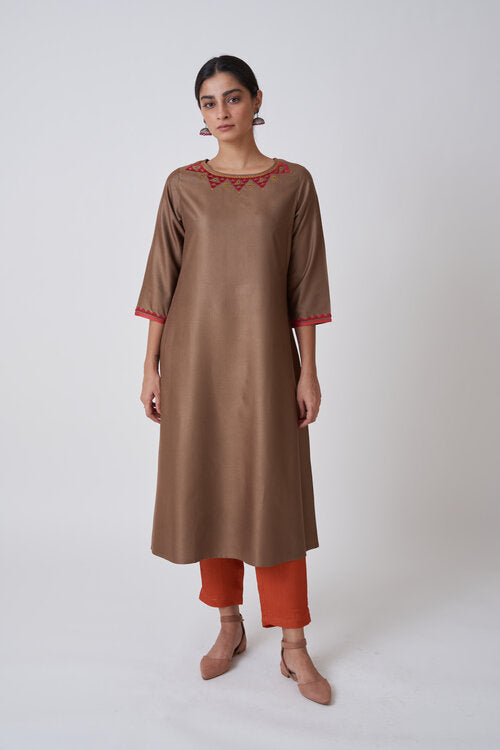 Olive Brown Boat Neck Embroidered Kurta