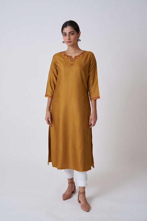 Golden Mustard Round Neck Embroidered Kurta With Princess Seam