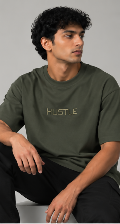 HUSTLE Men's Crew Neck Oversized Tees - Dark Green