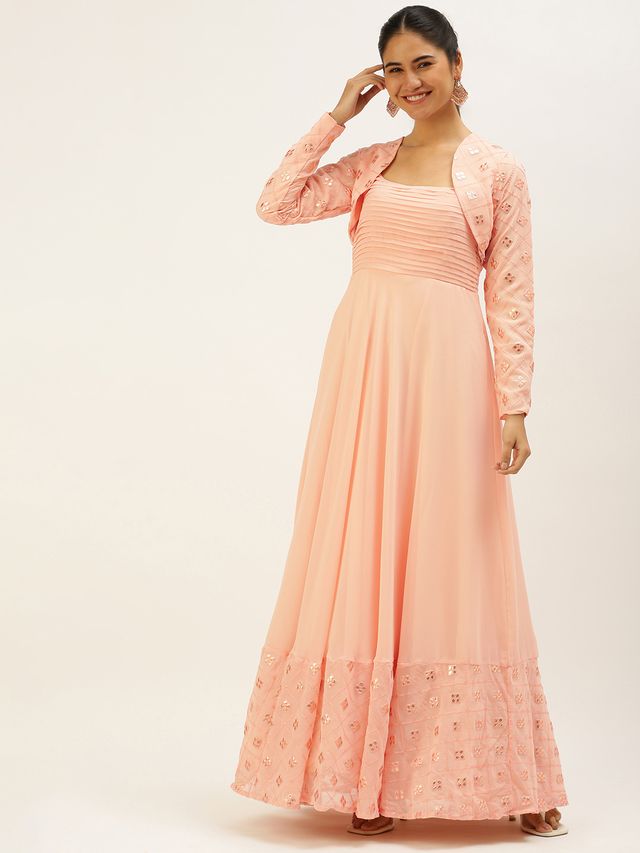 Bollywood Vogue Ready To Wear Peach Embroidered Gown With Jacket