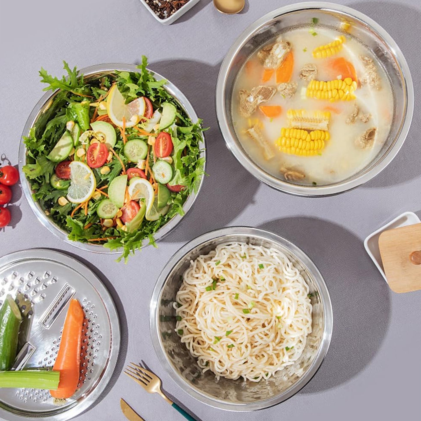 3-in-1 Stainless Steel Mixing Straining & Grater Bowl Set Multifunction Kitchen Utensil for Washing, Draining, and Grating Fruits & Vegetables (3 Pc Set)