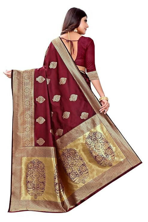 AXONIT Jacquard Silk Saree with Heavy Golden Zari Butta & Antique Gold Border