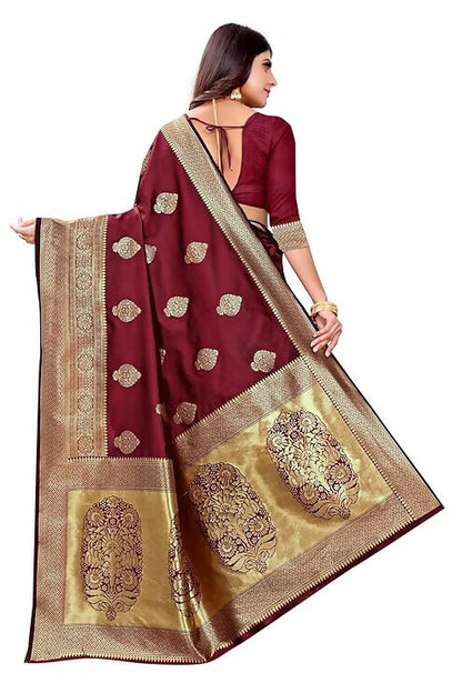 AXONIT Jacquard Silk Saree with Heavy Golden Zari Butta & Antique Gold Border