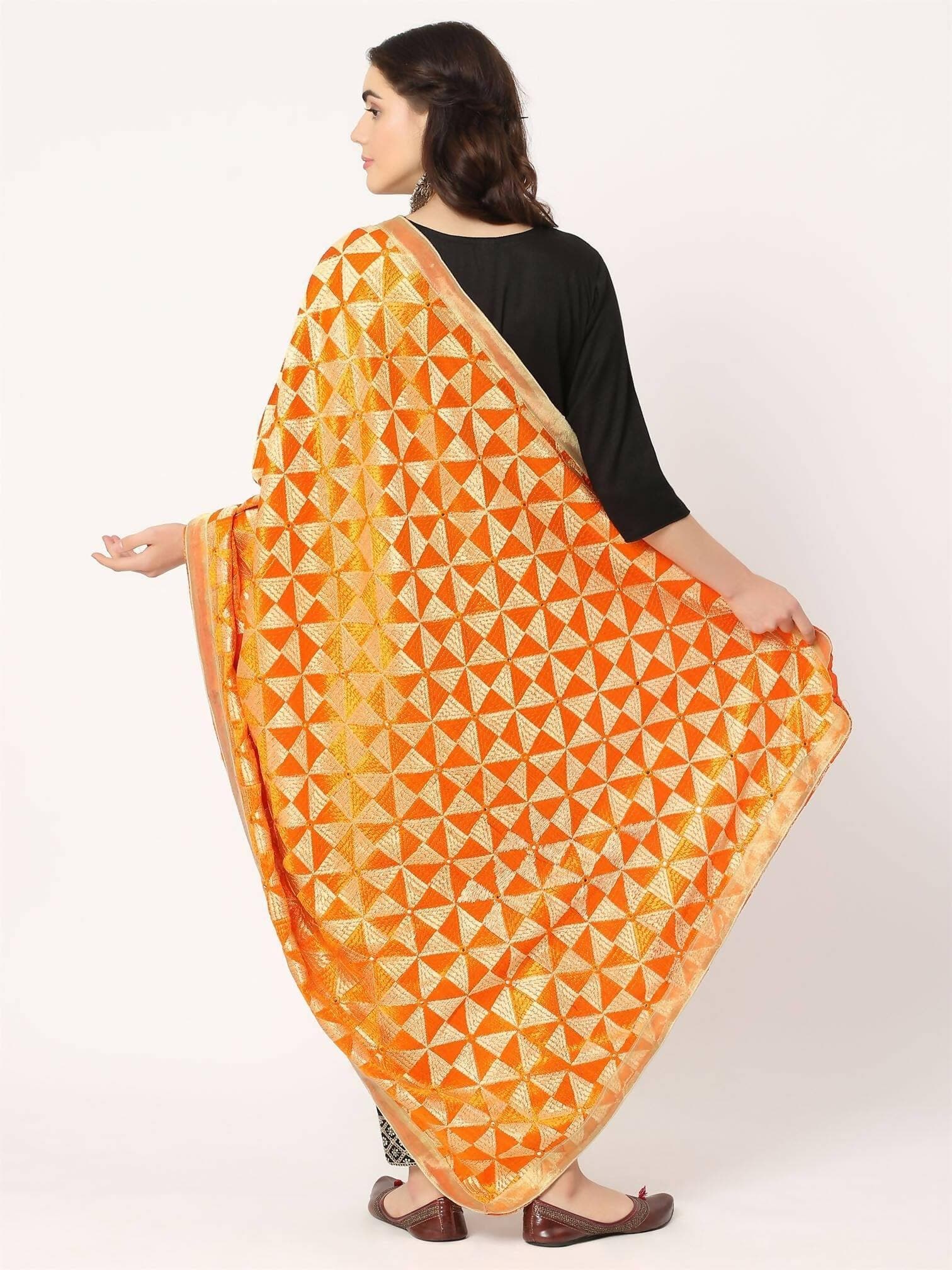 Orange Phulkari Embroiidery Bagh Dupatta - HalfPe