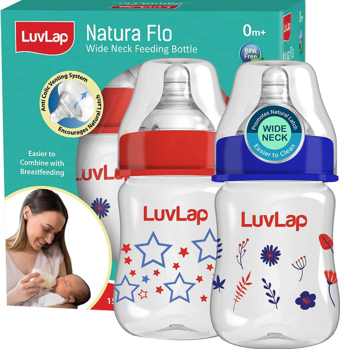 Luvlap anti-colic wide neck natura flo baby feeding bottle 150ml with BPA FREE (pack of 2)