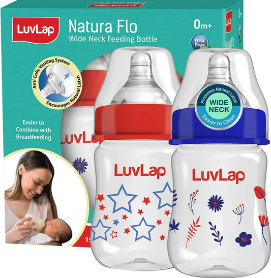 Luvlap anti-colic wide neck natura flo baby feeding bottle 150ml with BPA FREE (pack of 2)