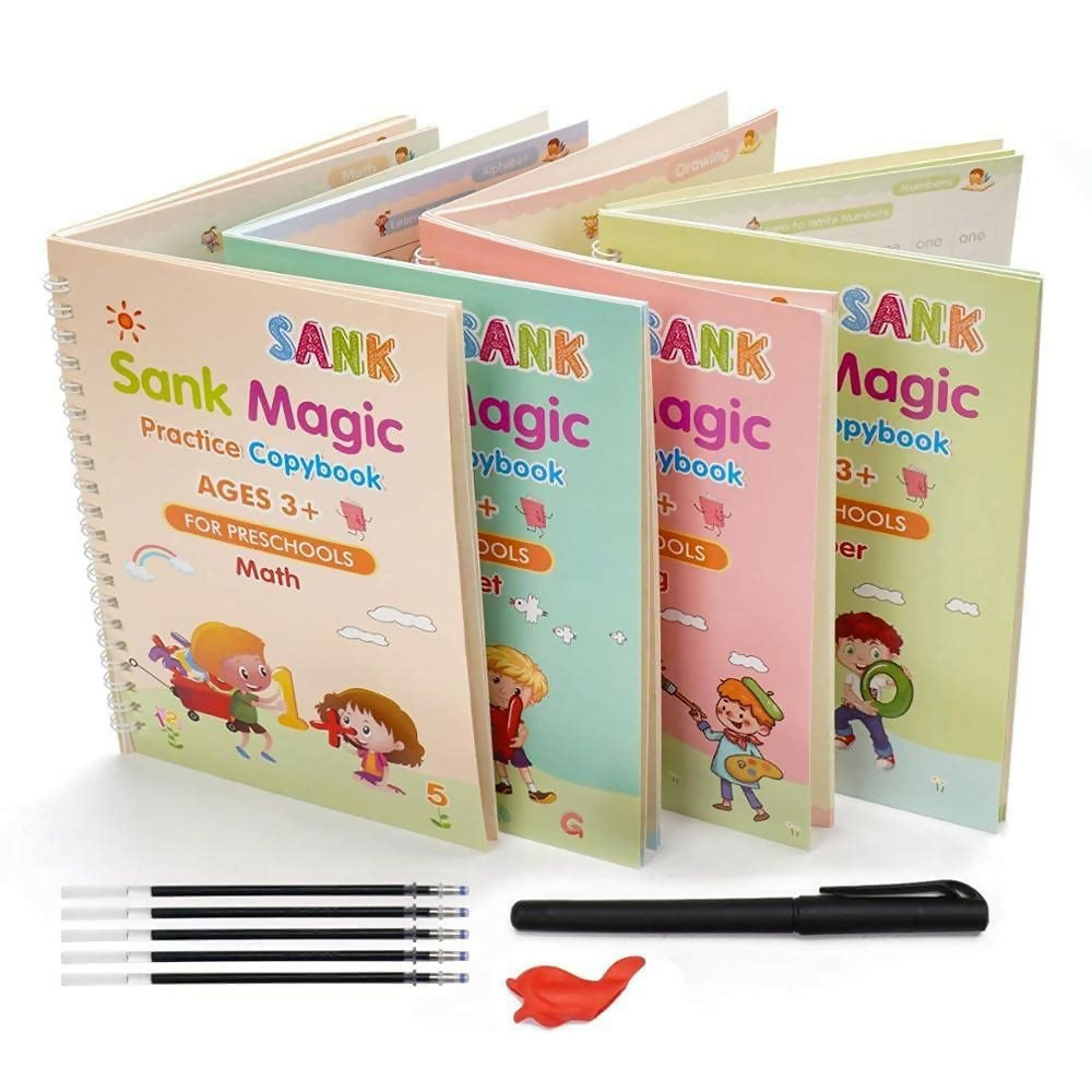 Magic Practice Copybook Set for Kids 4 Reusable Books with Pen, 10 Refills & Grip Number Tracing, Handwriting & Calligraphy Learning Set for Preschoolers
