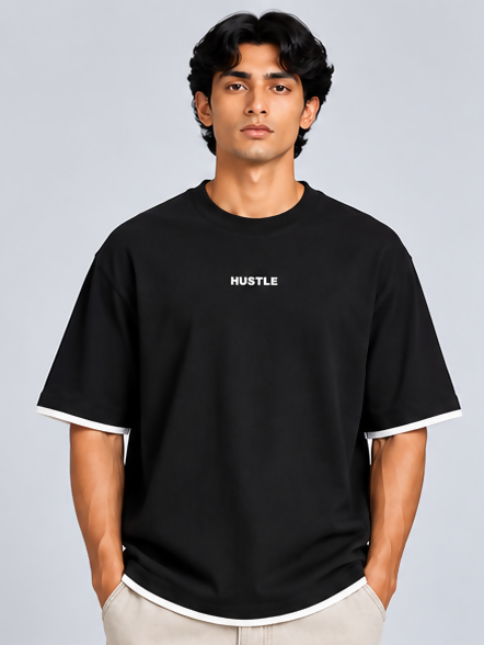 HUSTLE Essentials Men's Crew Neck Oversized T-Shirt – Black(Oversized fit)