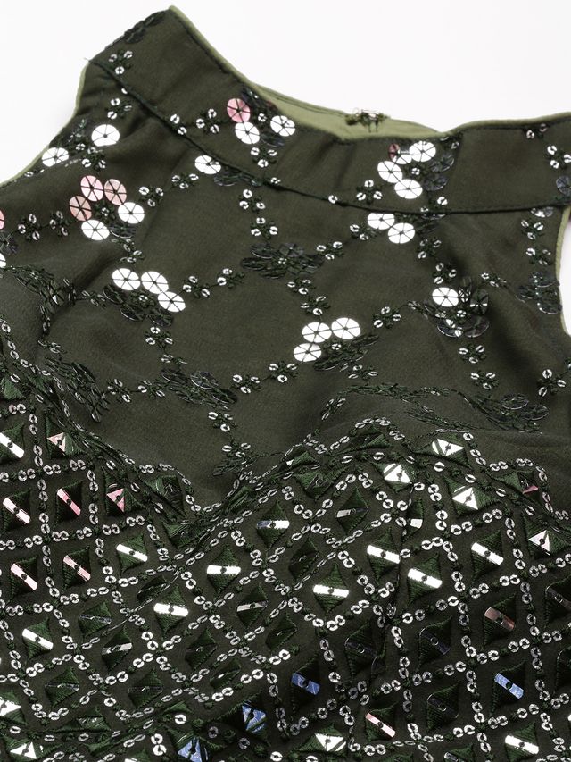 Bollywood Vogue Ready To Wear Green Georgette Embroidered Halter Neck Gown