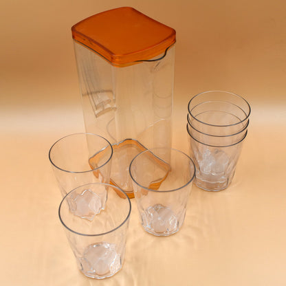 Premium Multi Purpose Square Water & Juice Jug (2000 ml) with Plastic Lid and 6 pieces Glasses (300 ml) (Transparent Color)