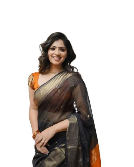 AXONIT Pure Soft Cotton Saree with Zari Checks, Golden Border & Contrast Pallu