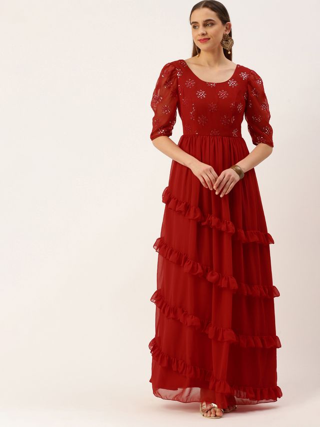 Bollywood Vogue Ready To Wear Red Georgette Embroidered Maxi Dress