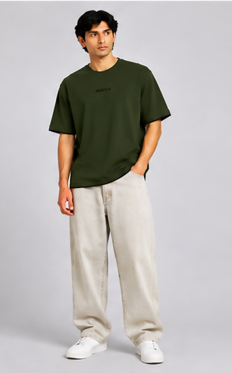 HUSTLE Men's Oversized Fit Crew Neck T-Shirt – Dark Olive Green(Oversized fit)