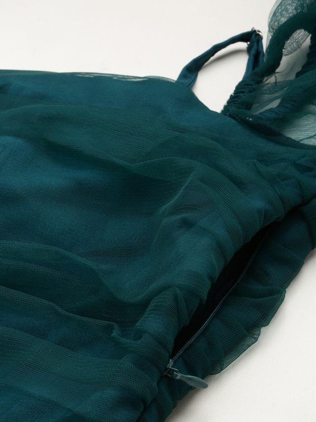 Bollywood Vogue Ready To Wear Teal Green Art Silk Foil Printed Maxi Dress