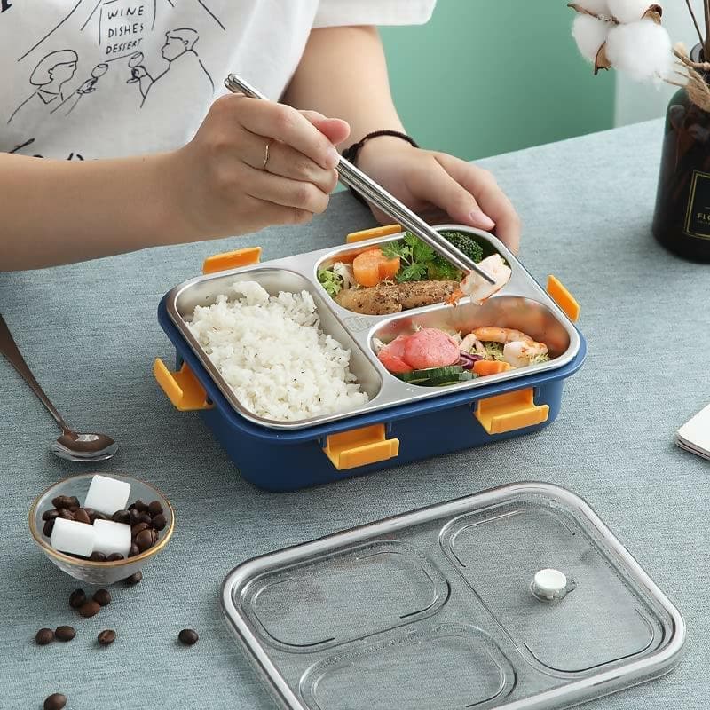 3 Compartment Stainless-Steel Bento Food Storage Lunch Box (750 ML) - HalfPe