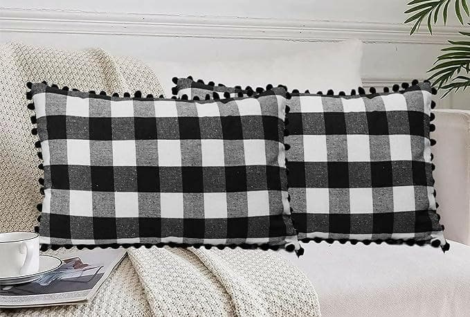 Lushomes Rectangle Cushion Cover with Pom Pom, Cotton Sofa Pillow Cover Set of 2, 12x20 Inch, Big Checks, (30x50 Cms)(MULTI COLOURS) - HalfPe