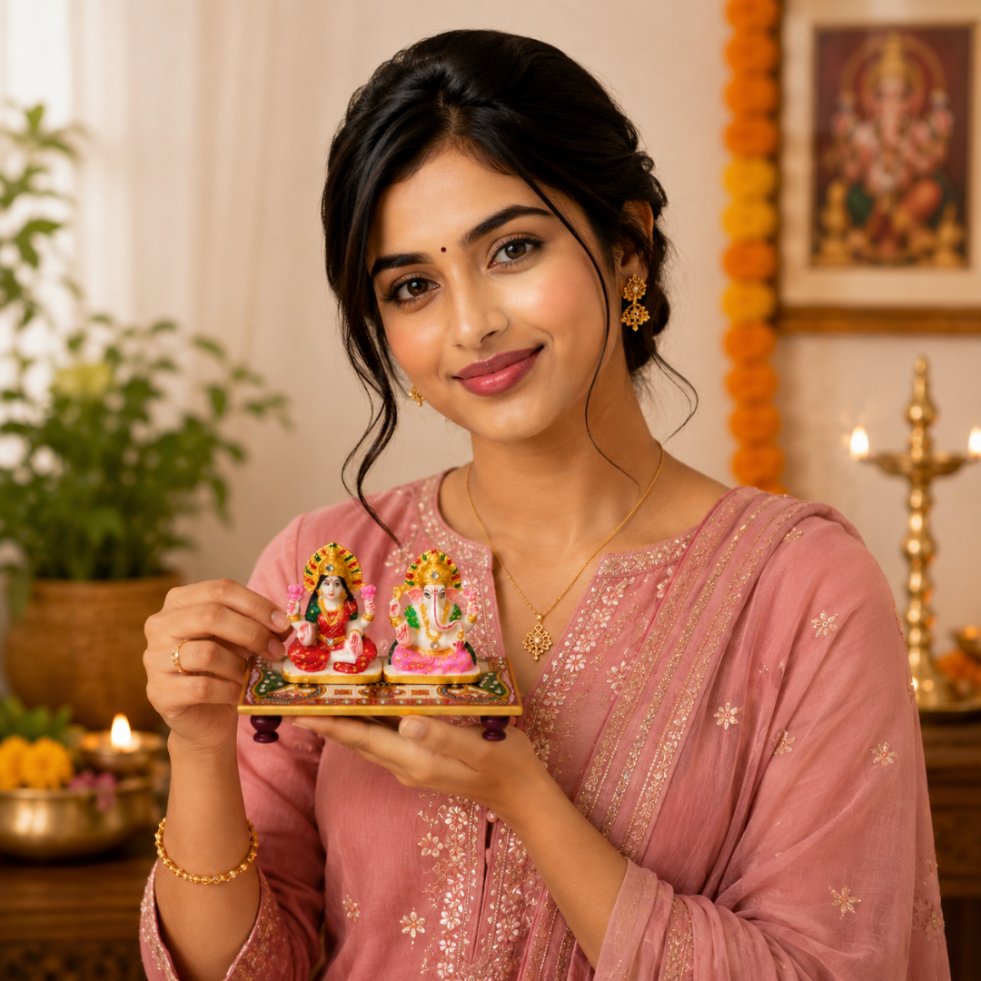 santarms Marble Laxmi Ganesh Idol with Chowki