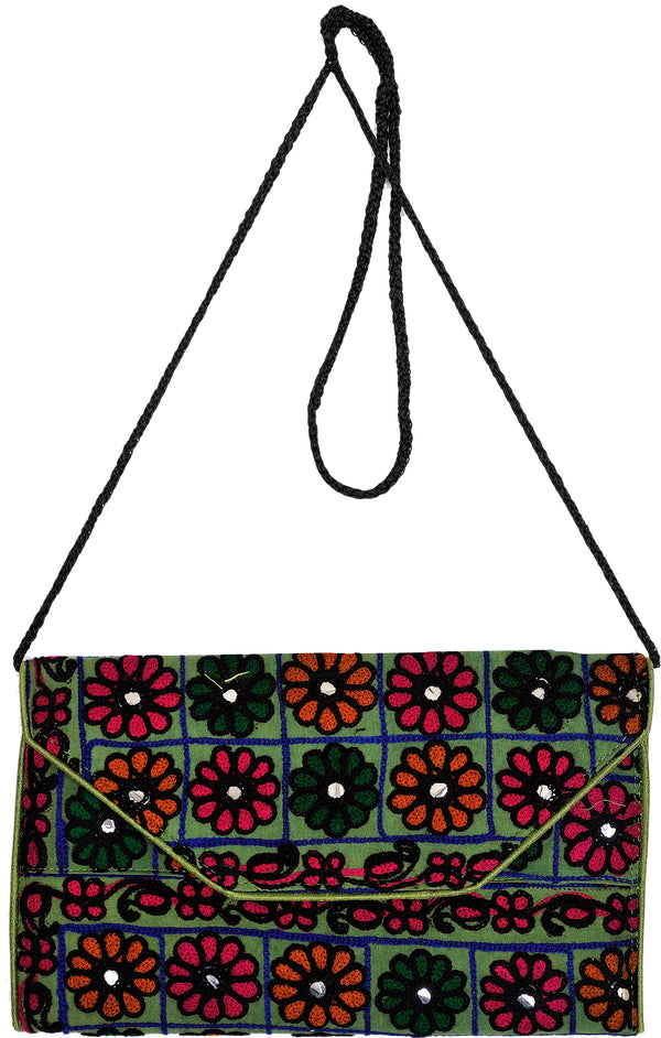Exotic India Clutch Bag from Jaipur with Crewel Embroidered Flowers and Mirrors