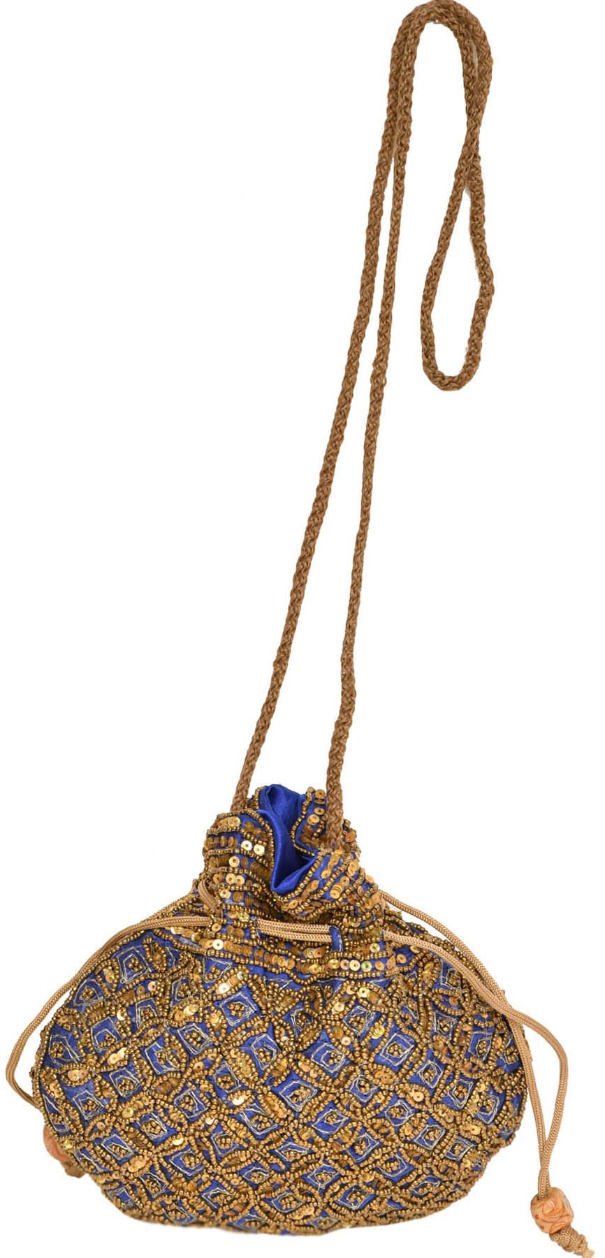 Exotic India Designer Drawstring Potli Bag with Embroidered-Beads and Sequins