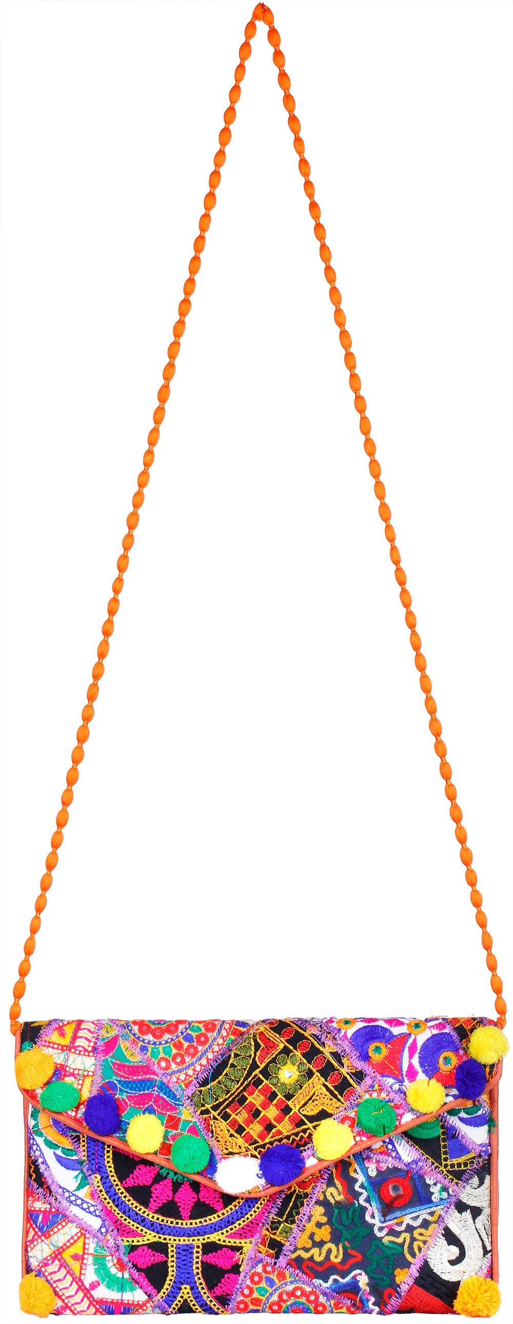 Exotic India Multicolored Embroidered Clutch Bag with Front Flap and Large Mirrors