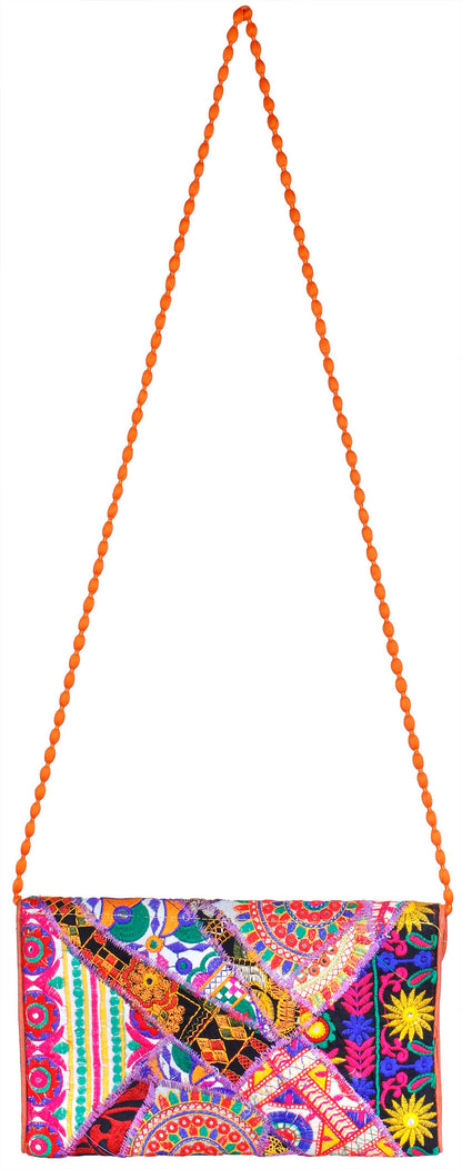 Exotic India Multicolored Embroidered Clutch Bag with Front Flap and Large Mirrors 3