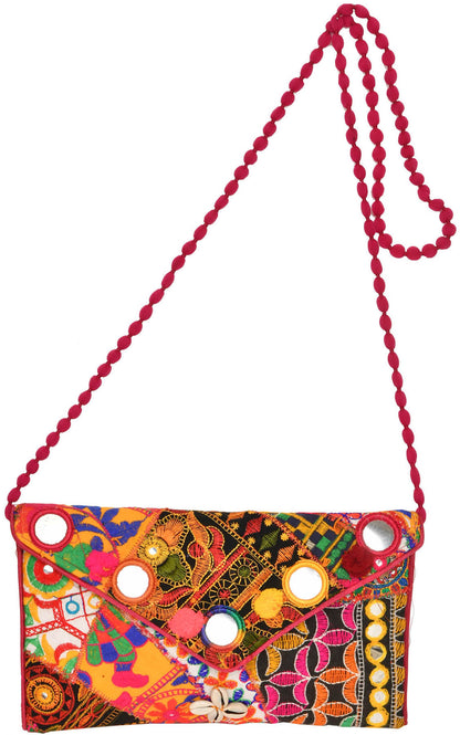Exotic India Multicolored Embroidered Clutch Bag with Front Flap and Large Mirrors