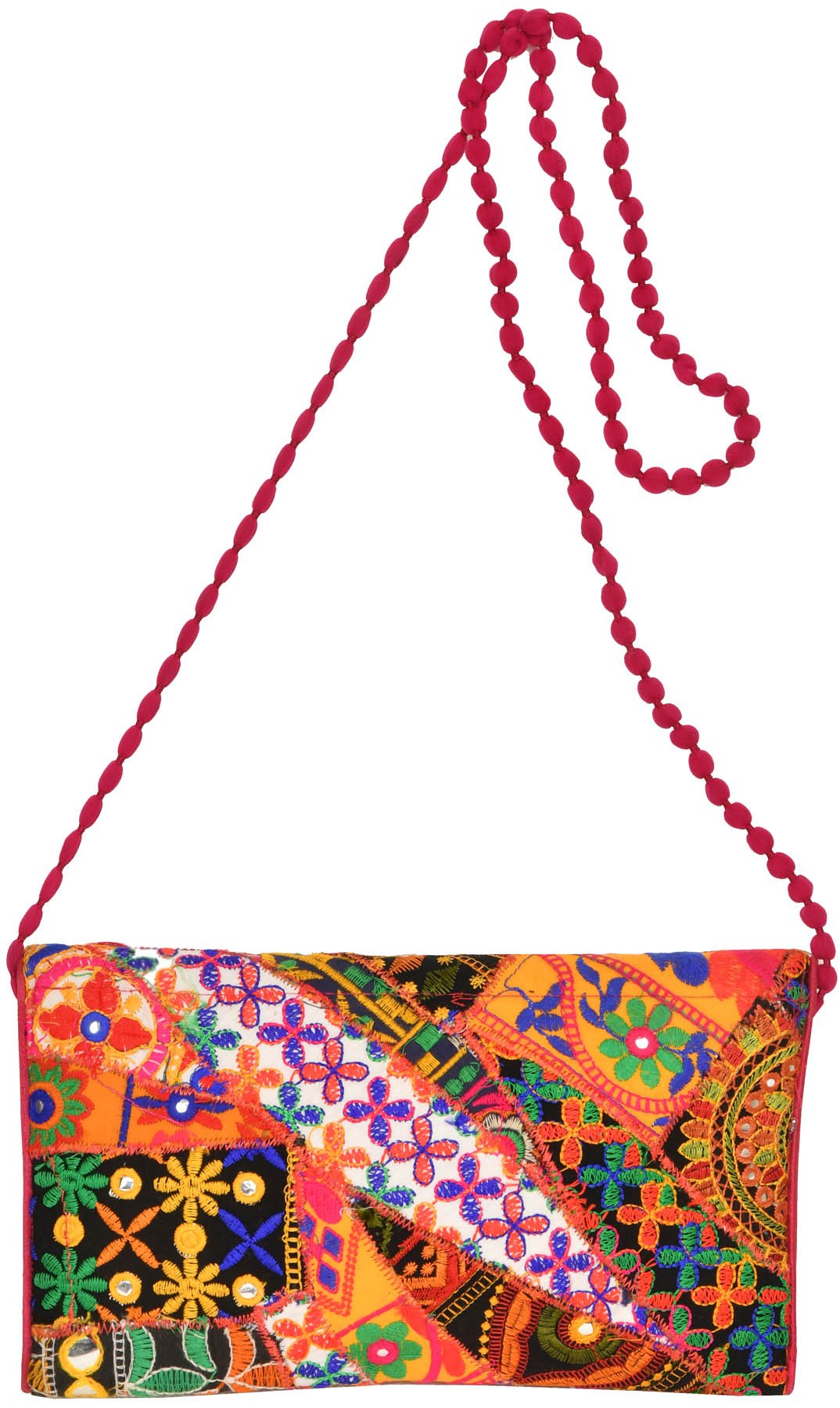 Exotic India Multicolored Embroidered Clutch Bag with Front Flap and Large Mirrors 2