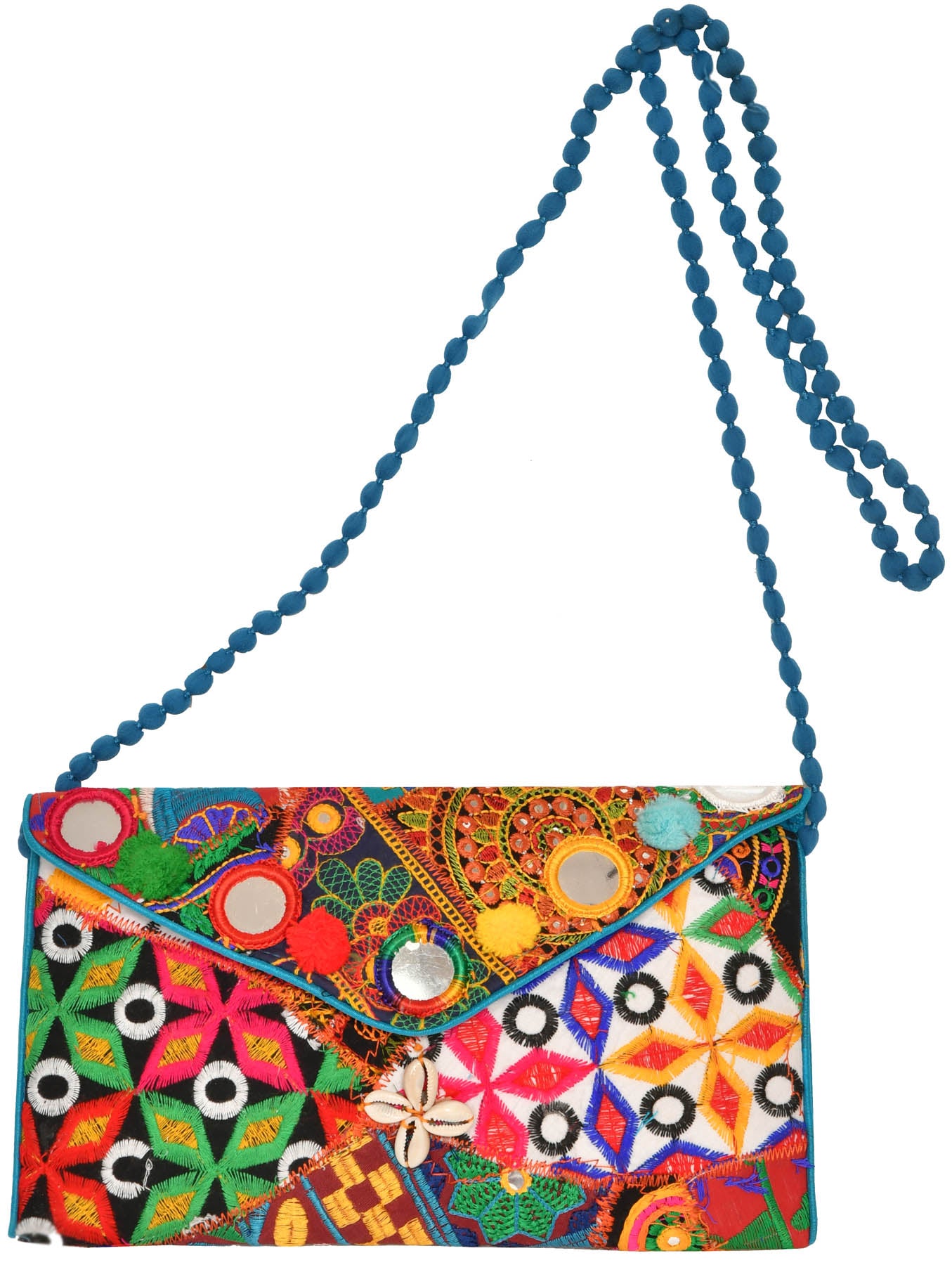 Exotic India Multicolored Embroidered Clutch Bag with Front Flap and Large Mirrors