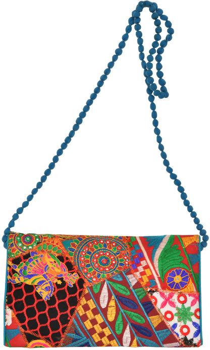 Exotic India Multicolored Embroidered Clutch Bag with Front Flap and Large Mirrors 2