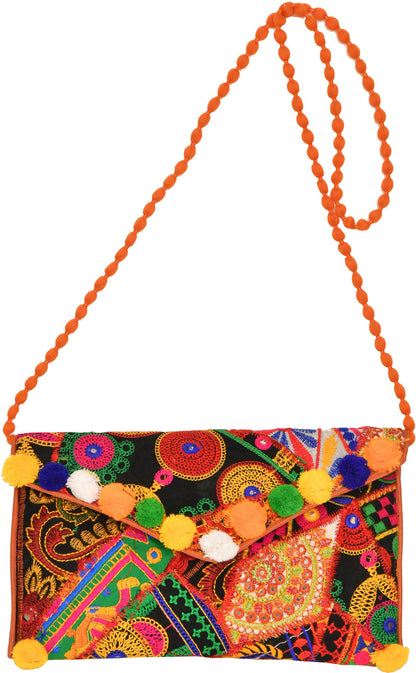 Exotic India Multicolored Embroidered Clutch Bag with Front Flap and Large Mirrors
