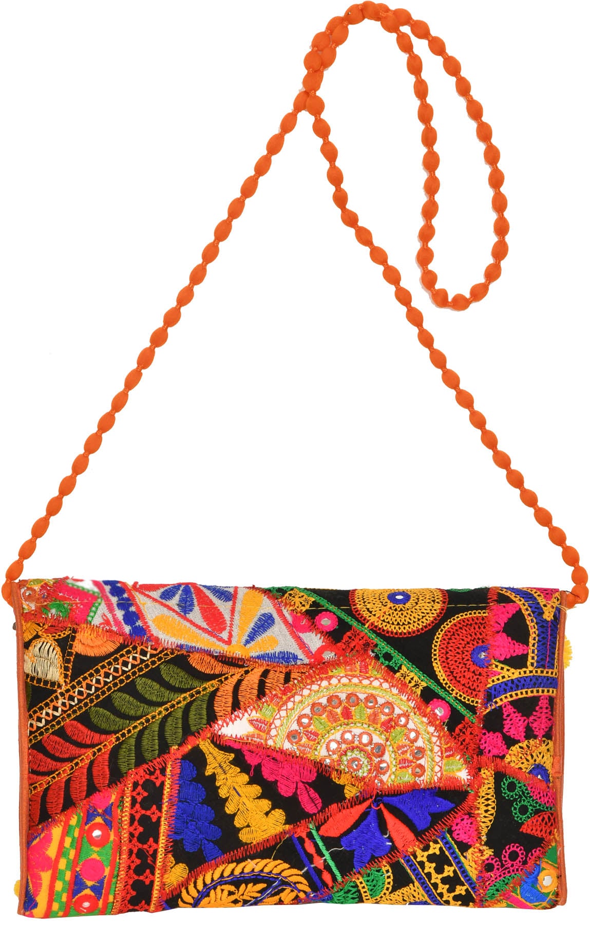 Exotic India Multicolored Embroidered Clutch Bag with Front Flap and Large Mirrors 2