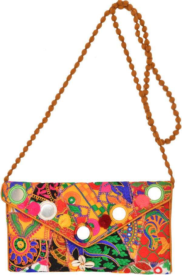 Exotic India Multicolored Embroidered Clutch Bag with Front Flap and Large Mirrors