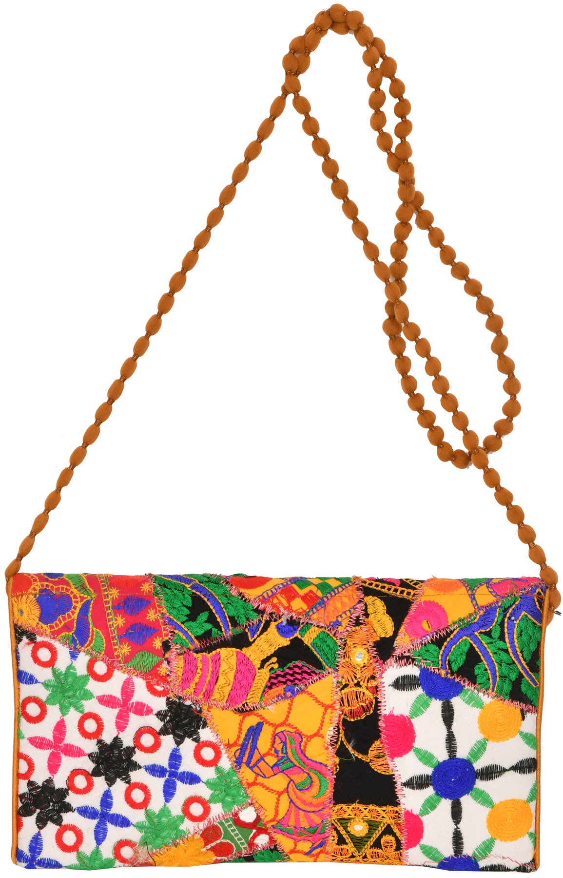 Exotic India Multicolored Embroidered Clutch Bag with Front Flap and Large Mirrors 2
